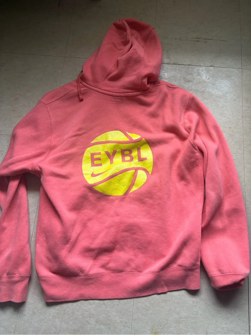 Nike EYBL Crewneck Hoodie in Coral Pink with Yellow Logo